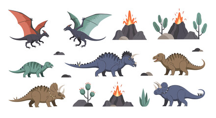 Fototapeta premium Collection of prehistoric creatures and erupting volcanoes set in a pixel art style.