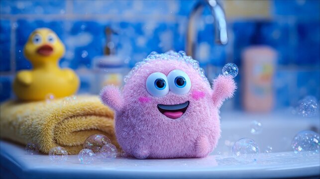 A pink stuffed animal is in a bathroom with a yellow rubber duck. The stuffed animal is smiling and he is enjoying a bath