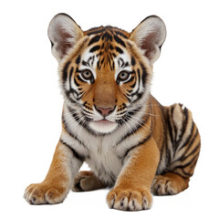 Fototapeta premium Tiger Cub Sitting Facing Forward With Intense Eyes and Detailed Fur Texture Transparent Background