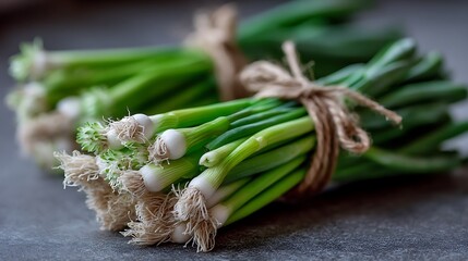 Fresh green onion bunches, tied with twine, showcasing their freshness and the simplicity of their natural form.