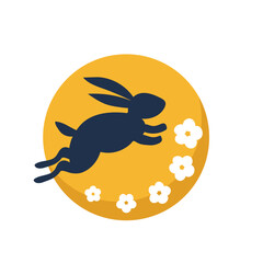Bunny rabbit jumping over traditional decorative Chinese clouds , flowers. and full moon.  Mid Autumn Festival. svg icon