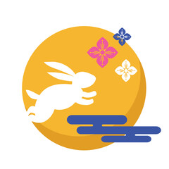 Bunny rabbit jumping over traditional decorative Chinese clouds , flowers. and full moon.  Mid Autumn Festival. svg icon