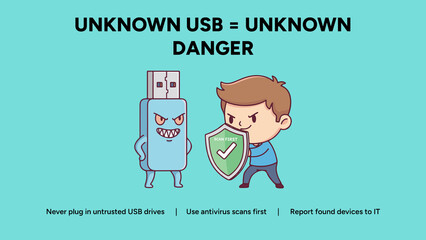 Cartoon illustration of a monster-like USB drive facing a small person holding a shield, warning about the danger of plugging in unknown USB drives (BadUSB/malware).
