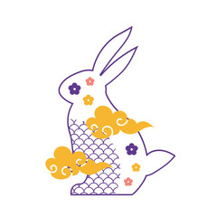 Bunny rabbit with traditional decorative traditional chinese clouds and flowers for Mid Autumn Festival. svg icon