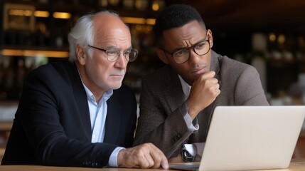 Two colleagues engage in a moment of collaborative thought, their focus fixed on a laptop screen, possibly engrossed in an important project or critical data analysis.