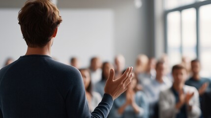 A skilled presenter captivates an audience during a compelling speech, the scene conveying energy and the promise of new insights in a modern, light-filled space.