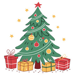 Festive Christmas tree with star and ornaments surrounded by cheerful wrapped presents, perfect for holiday cards and seasonal greetings illustrations