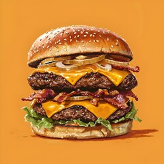 Photo of a juicy double cheeseburger with bacon and melted cheese on a table