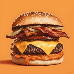 Photo of a juicy double cheeseburger with bacon and melted cheese on a table