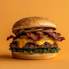 Photo of a juicy double cheeseburger with bacon and melted cheese on a table
