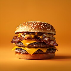 Photo of a juicy double cheeseburger with bacon and melted cheese on a table