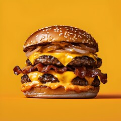 Photo of a juicy double cheeseburger with bacon and melted cheese on a table