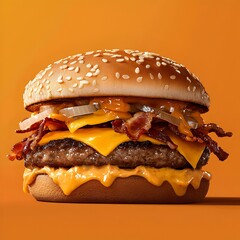 Photo of a juicy double cheeseburger with bacon and melted cheese on a table