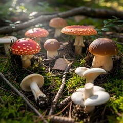 A captivating photo of various wild mushrooms, including Amanita and Boletus species, growing in a sun-dappled forest setting among moss and branches