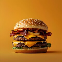 Photo of a juicy double cheeseburger with bacon and melted cheese on a table