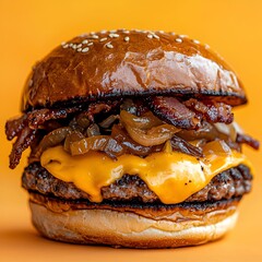 Photo of a juicy double cheeseburger with bacon and melted cheese on a table