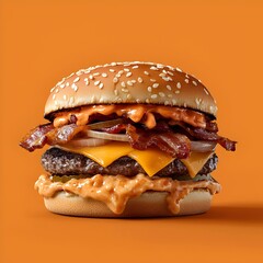 Photo of a juicy double cheeseburger with bacon and melted cheese on a table