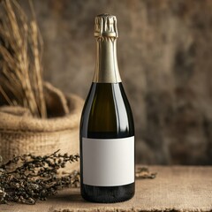 Elegant champagne bottle mockup with blank label on artistic boho background.