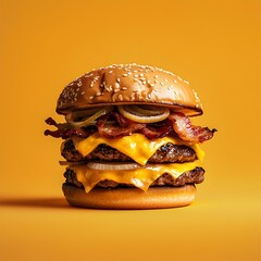Photo of a juicy double cheeseburger with bacon and melted cheese on a table