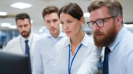 Four professionals collaborate and work together to analyze data, sharing a focus with an air of expertise, in a modern office environment.