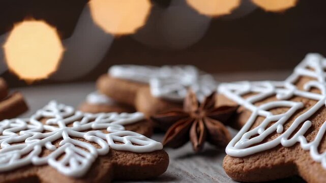 Festive star shaped gingerbread cookies with white icing patterns resting on wooden surface, accompanied by star anise and glowing christmas lights creating warm holiday ambiance