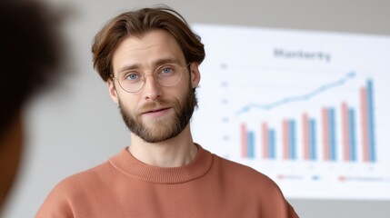 A confident business presenter, with clear eyes, addresses his audience in a professional business environment, and is focused on sharing insight. 