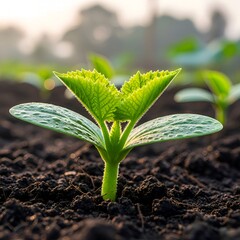 A vibrant green seedling emerges from rich, dark soil in a field, bathed in the soft glow of dawn. Water droplets glisten on its cotyledon leaves