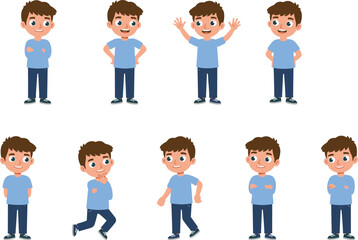 Cute cartoon boy character set, different poses and expressions, standing, walking, thinking, happy, isolated illustration for education and animation design