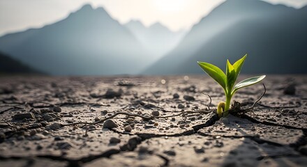 ​A single green seedling sprouts from dry, cracked earth with blurred, hazy mountains in the background, symbolizing resilience and new life