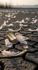 Soft white and brown feathers rest on deeply cracked, dry earth, symbolizing a stark contrast between delicate nature and harsh drought conditions