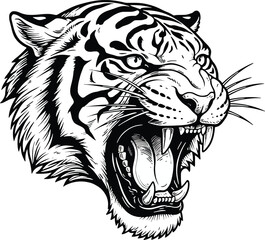 Obraz premium Fierce tiger head roaring with aggression, a powerful wild cat mascot emblem in a black and white vector style