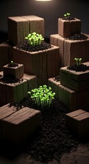 An artful, dramatic shot of tiny green seedlings sprouting from rich, dark soil atop stacked wooden blocks under a focused light