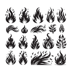 Diverse Black Silhouette Fire Flames and Organic Abstract Shapes on White Background Keywords: fire, flame, burn, heat, energy, power, inferno, bonfire, torch, icon, symbol, graphic, design