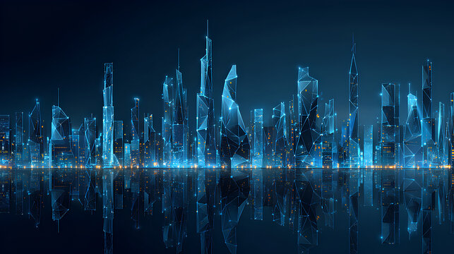 Futuristic city landscape background blue. Low poly wireframe night buildings with glowing effect. Abstract tech smart cityscape background. Innovation skyscrapers and offices. Vector illustration.