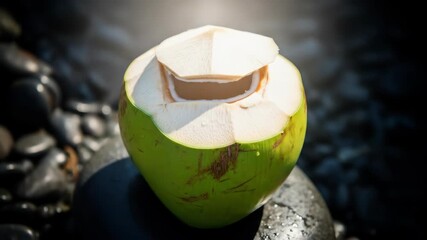 Close up of fresh green coconut drink on stones, healthy tropical lifestyle - Powered by Adobe