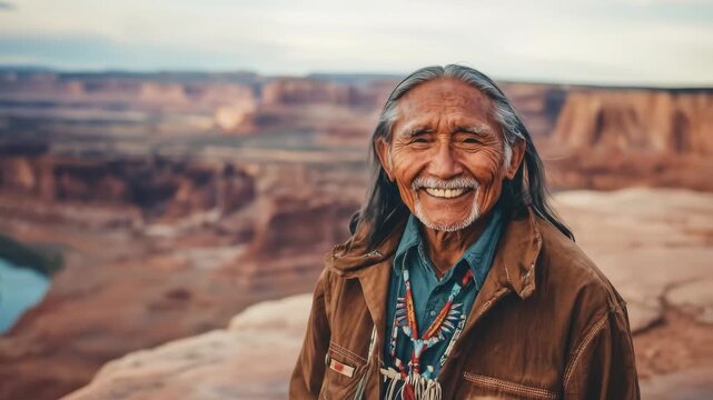 joyful elderly indigenous man with long hair, smiling warmly. he wears traditional attire against vast canyon backdrop. native american heritage month. cultural traditions, travel.
