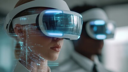 Virtual office meeting, diverse professionals wearing VR headsets in futuristic office, holographic colleagues joining digitally.