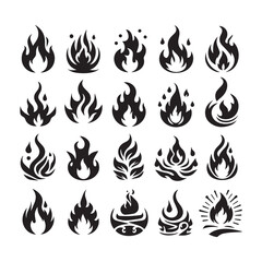 Diverse Set of Black Silhouette Fire Flame Icons and Abstract Designs on White Background symbol