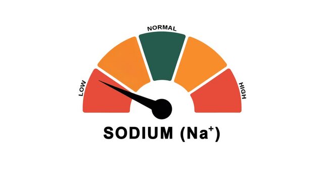 Animated sodium (Na⁺) level meter moving from low level to normal level, ideal for concepts related to electrolyte balance, hydration, kidney function, and medical monitoring