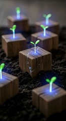 Futuristic seedlings glow with blue light, sprouting from wooden blocks embedded in dark soil, symbolizing technological growth and innovation in agriculture