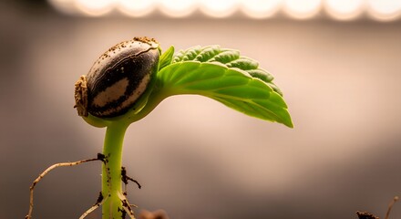 ​A striking close-up of a vibrant green seedling pushing through the soil, still bearing its dark, striped seed casing atop its first true leaf under soft, warm light