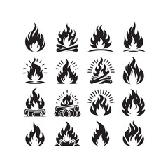 Grid of Sixteen Black Fire and Campfire Icons Featuring Flames and Stacked Wood on a White Background
