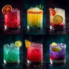 A variety of colorful cocktails in tall glasses on a bar counter, refreshing mixed drinks with fruit garnish, vibrant summer party beverages