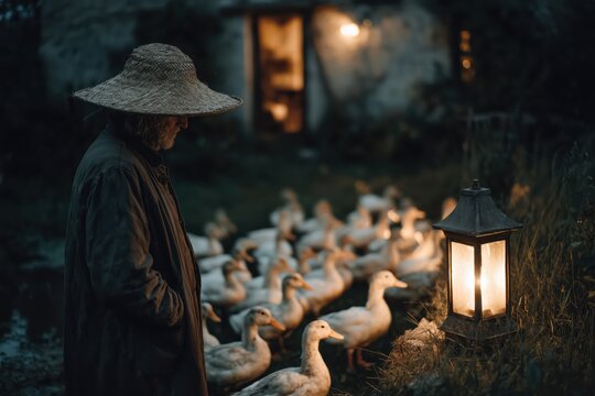 Elderly Farmer with Straw Hat Observing Ducks Illuminated by Lantern at Twilight - Powered by Adobe