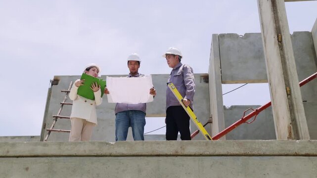 Male architect and businesswoman investor in residential real estate construction project inspecting the progress construction site townhouse precast concrete installation is progressing well.