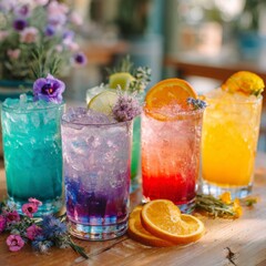 A variety of colorful cocktails in tall glasses on a bar counter, refreshing mixed drinks with fruit garnish, vibrant summer party beverages