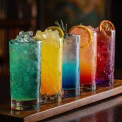 A variety of colorful cocktails in tall glasses on a bar counter, refreshing mixed drinks with fruit garnish, vibrant summer party beverages