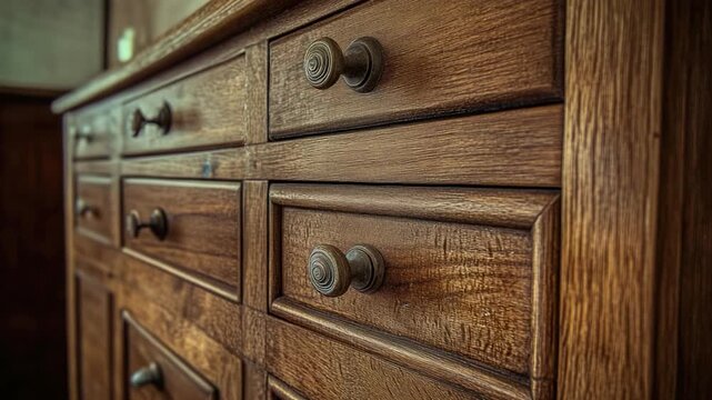 A traditional wooden dresser with many drawers and knobs for storage and organization