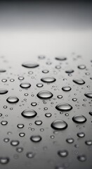 A close-up, monochromatic photograph captures clear, spherical water droplets of varying sizes resting on a smooth, reflective gray surface