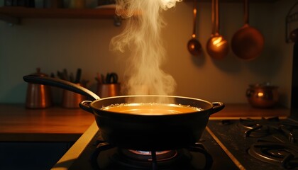 Steaming Orange Liquid Cooking in Black Frying Pan on Gas Stove